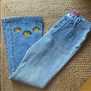 Vintage Y2K Revolt Flare Jeans Hippie Sunflower Smiley Face Happy Embroidered